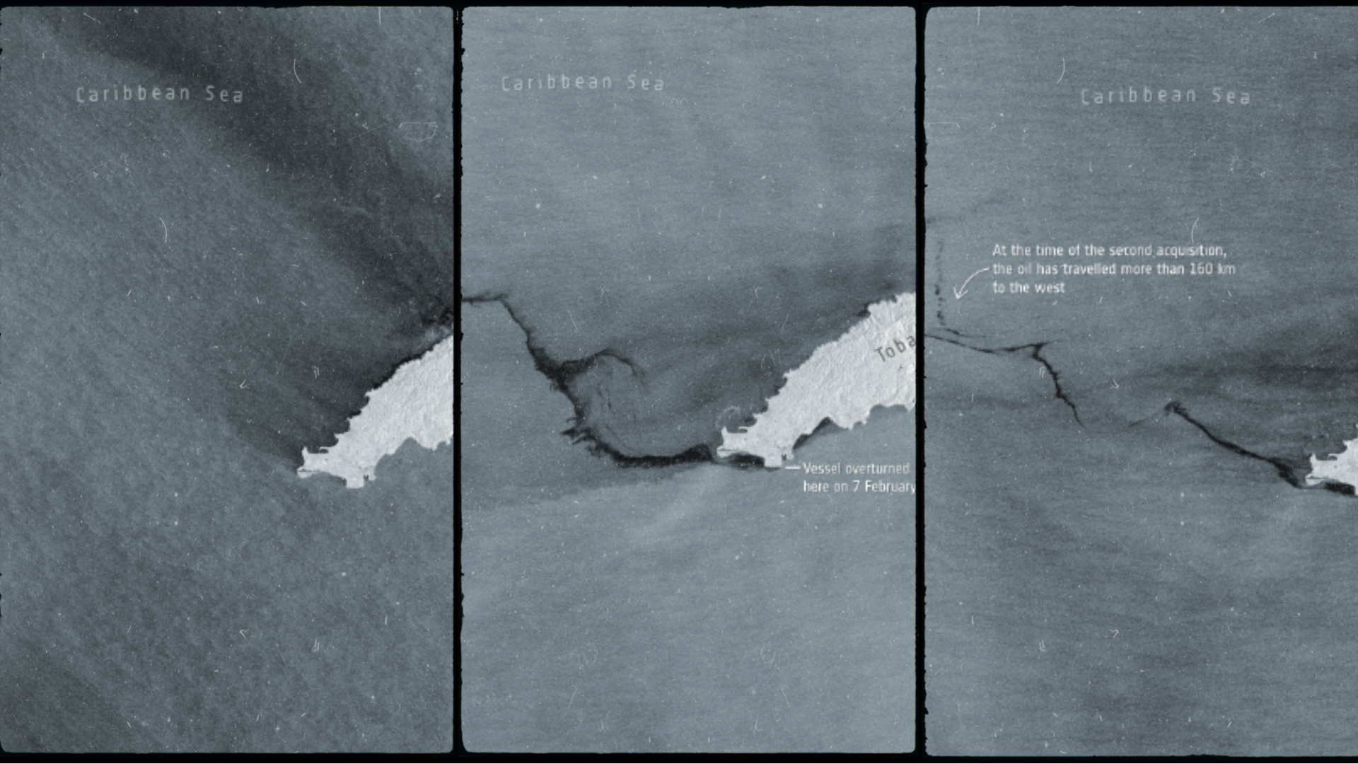 Photo on the left shows Tobago’s shore before oil spill on 7 February, with the other two photos showing the black slick visible on 7 and 14 February