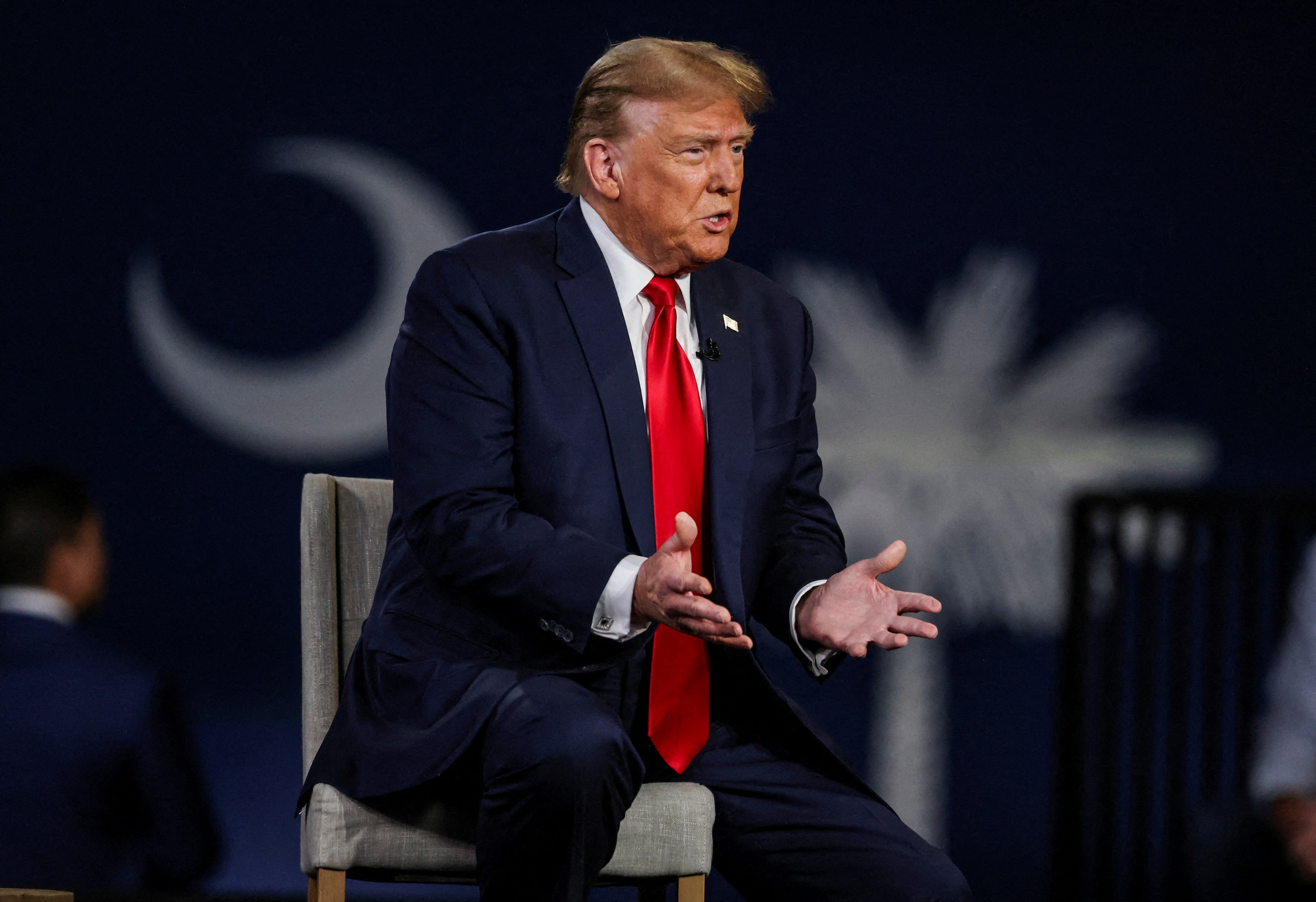 Former US President and Republican presidential candidate Donald Trump participates in a Fox News town hall with Laura Ingraham in Greenville, South Carolina