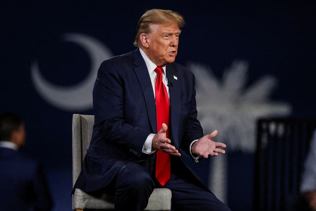 <p>Former US President and Republican presidential candidate Donald Trump participates in a Fox News town hall with Laura Ingraham in Greenville, South Carolina </p>