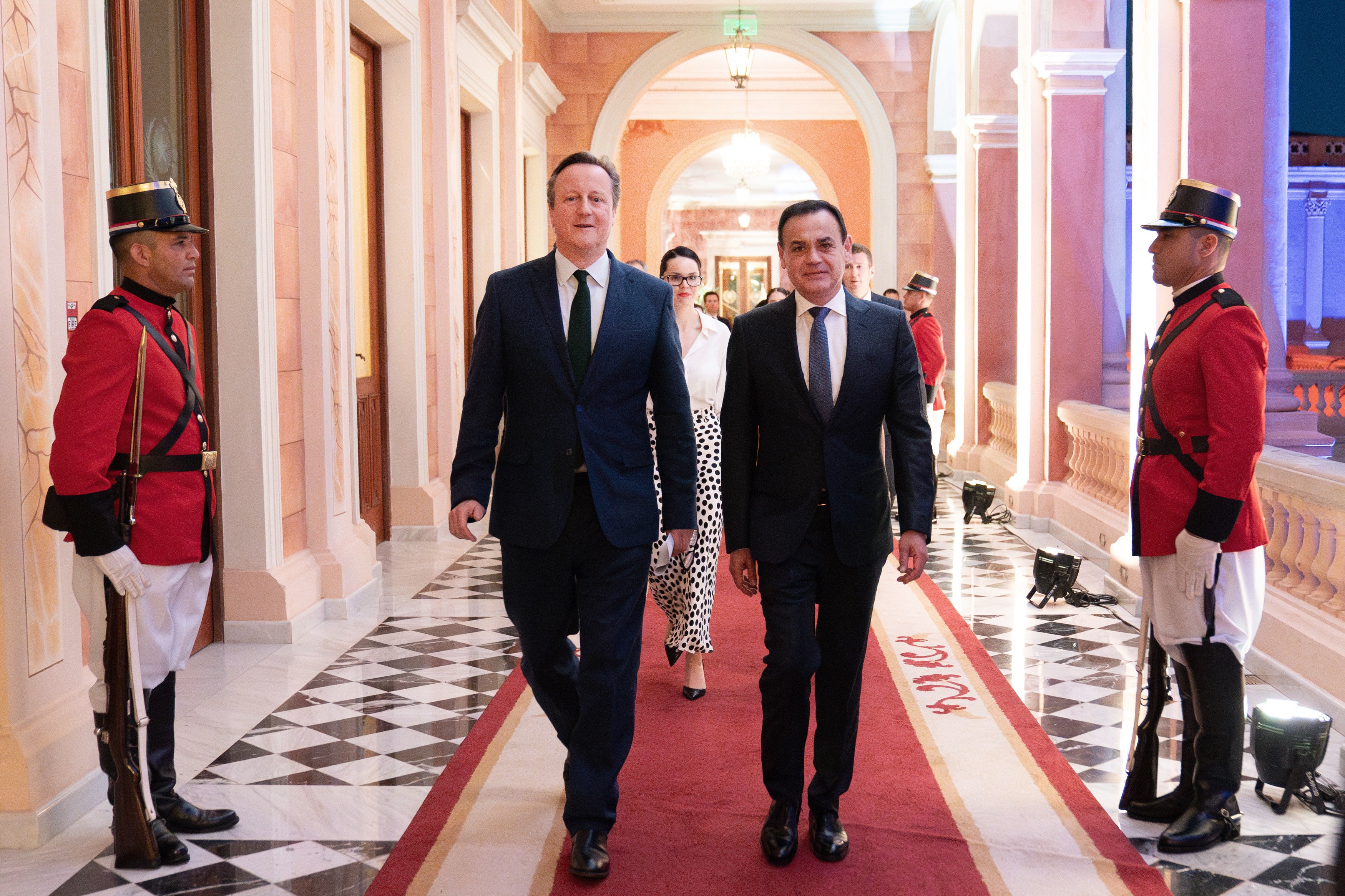 Foreign Secretary Lord David Cameron (left) meets Foreign Minister Ruben Ramirez Lezcano at the Palacio Lopez in Asuncion during his visit to Paraguay