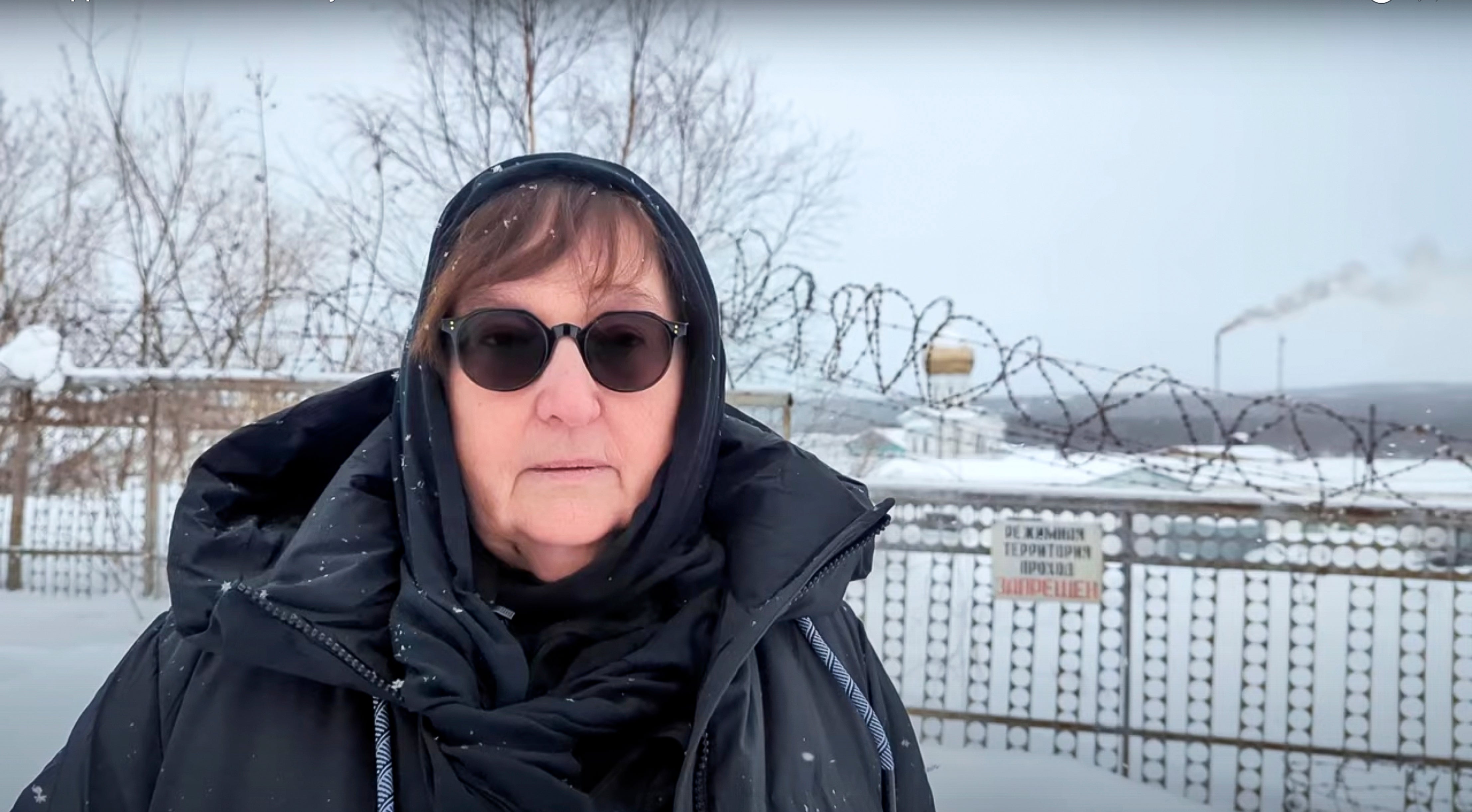 In this grab taken from video provided by the Navalny Team on Tuesday. Feb. 20, 2024, Russian Opposition Leader Alexei Navalny's mother Lyudmila Navalnaya speaks, near the prison colony in the town of Kharp