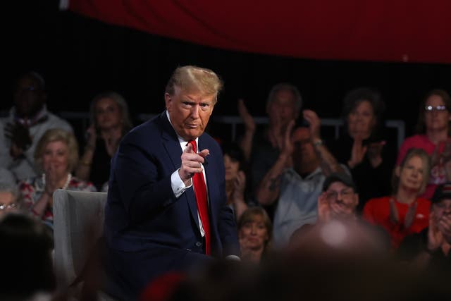 <p>Republican presidential candidate, former U.S. President Donald Trump speaks during a Fox News town hall at the Greenville Convention Center on February 20, 2024 in Greenville, South Carolina.</p>