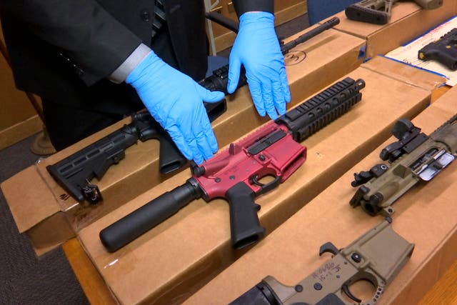 <p>Ghost guns are displayed at the headquarters of the San Francisco Police Department</p>