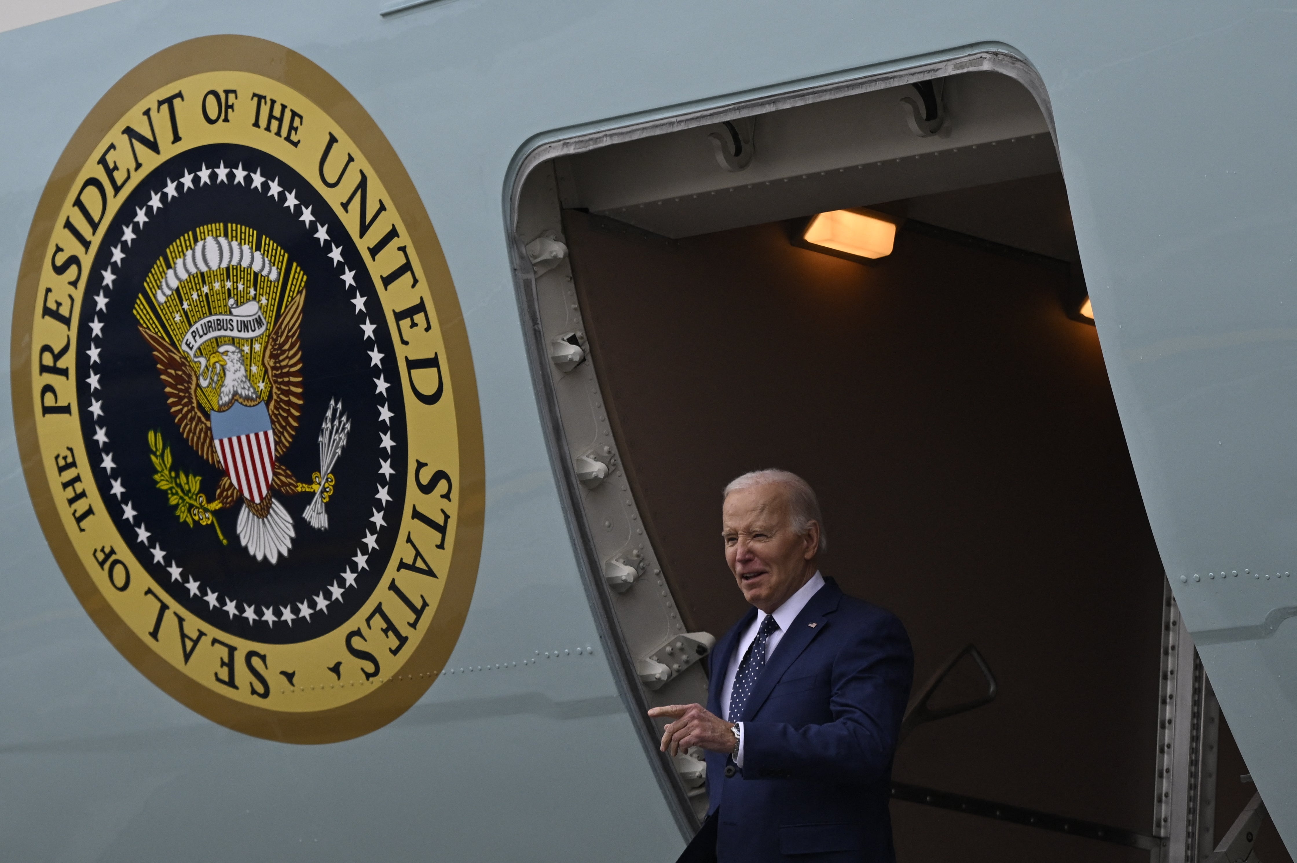 US President Joe Biden arrives at Los Angeles International Airport on February 20, 2024, in Los Angeles, California