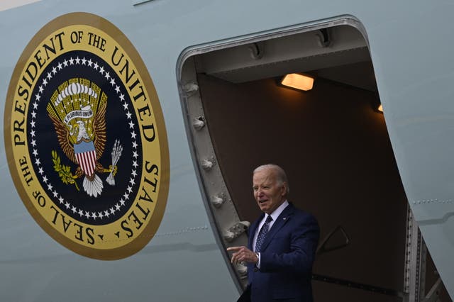 <p>US President Joe Biden arrives at Los Angeles International Airport on February 20, 2024, in Los Angeles, California</p>