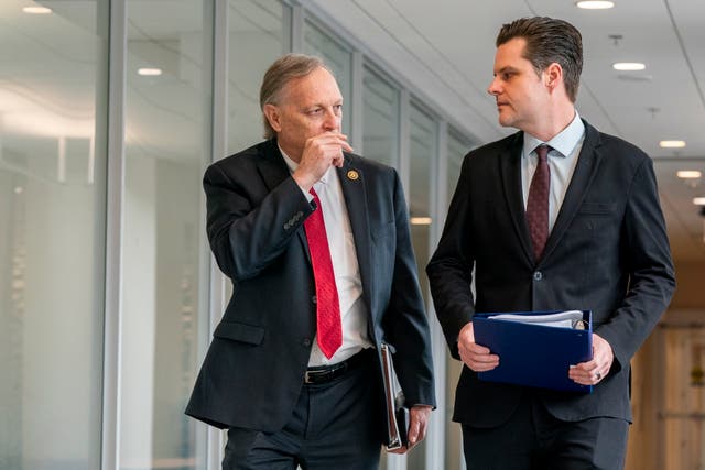 <p>Republican House Judiciary Committee members Andy Biggs and Matt Gaetz arrive for a closed door interview of James Biden, as part of their Joe Biden impeachment inquiry</p>
