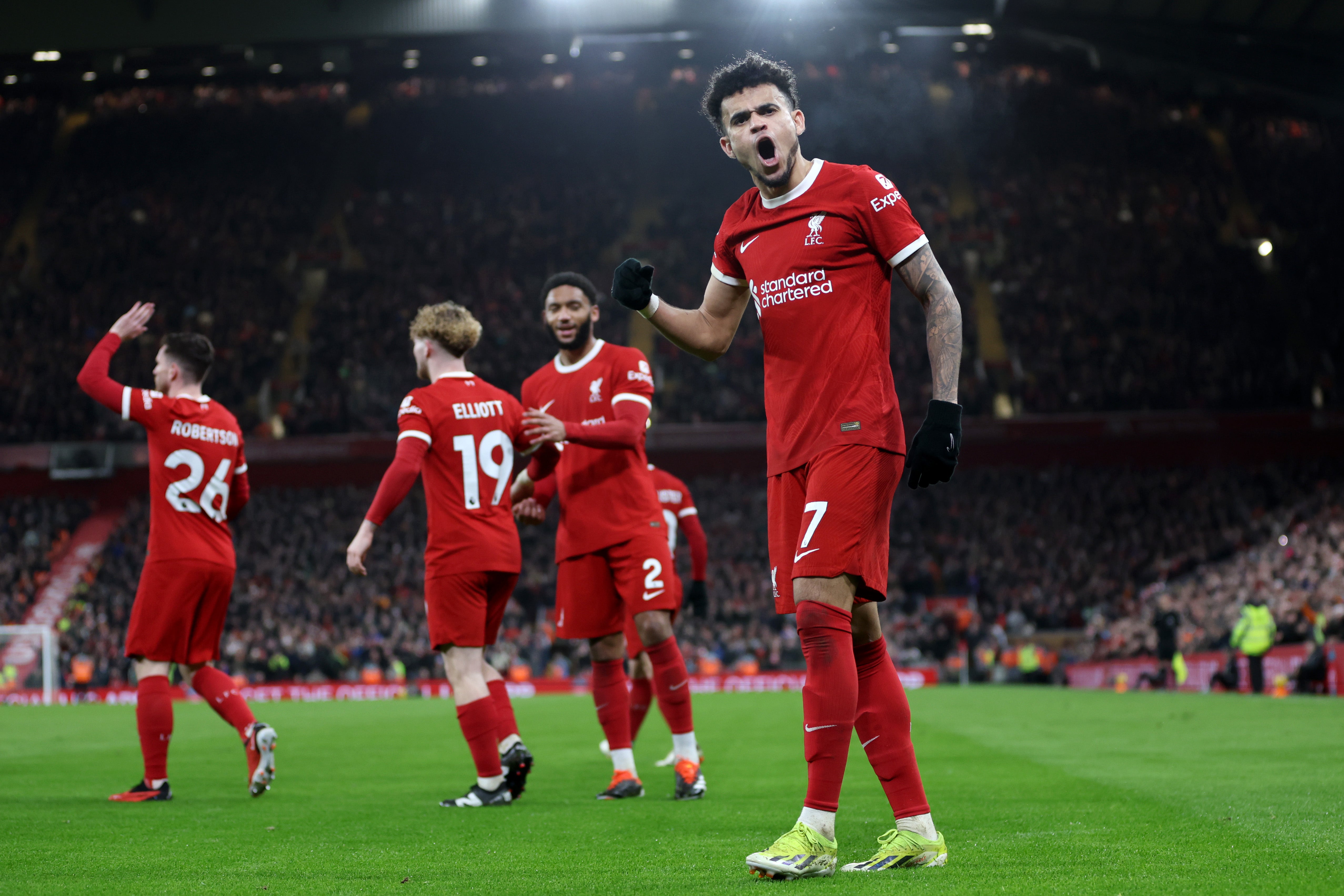 Luis Diaz celebrates scoring Liverpool’s third goal of the game