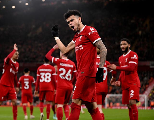 <p>Luis Diaz celebrates scoring the third goal for Liverpool </p>
