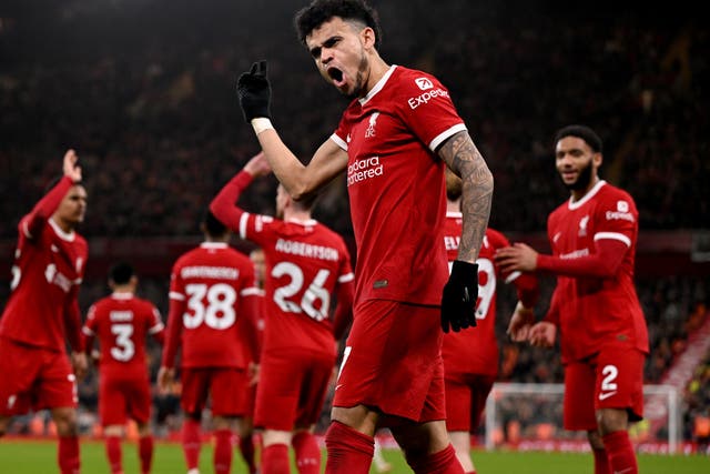 <p>Luis Diaz celebrates scoring the third goal for Liverpool </p>