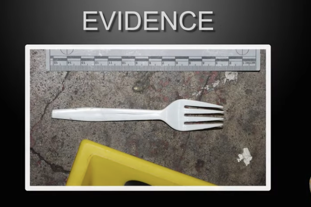 <p>Police evidence photo of the white plastic fork Jason Maccani was holding at the time of the shooting</p>