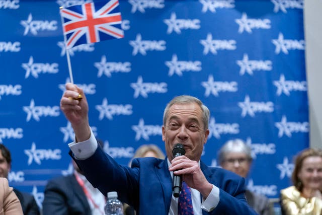 <p>Former leader of the Brexit Party Nigel Farage, waves a British flag as he speaks during Conservative Political Action Conference at National Harbor, in Oxon Hill, Md., Wednesday, Feb. 21, 2024</p>