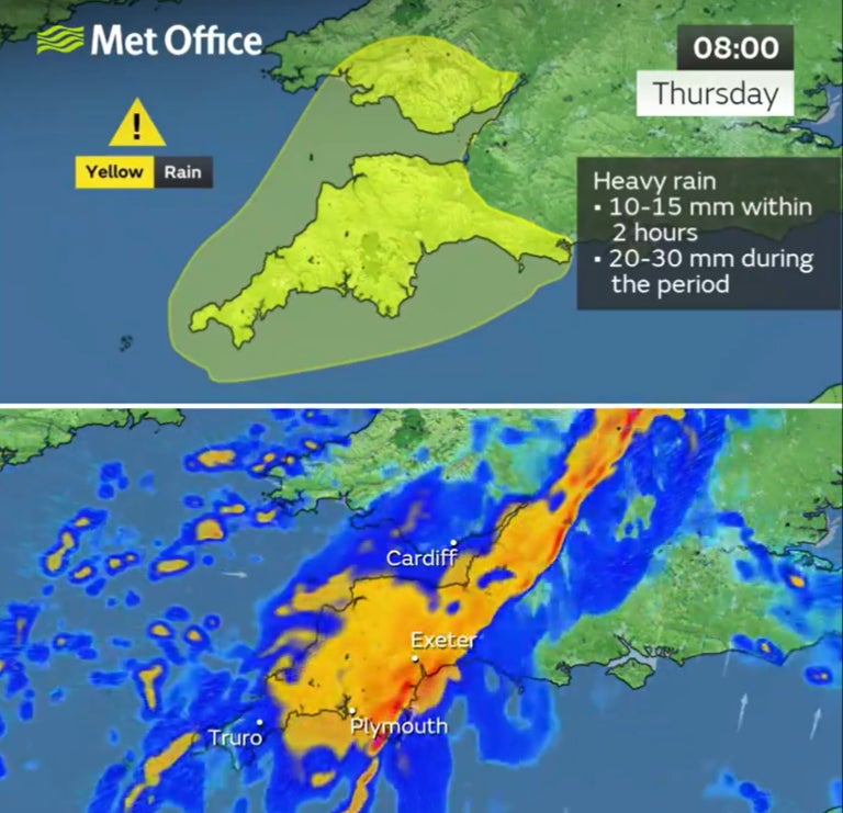 Map shows areas of Southwest England and Wales under yellow weather warning