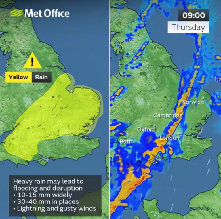 Map shows areas under yellow weather warning for rain in England along with rainfall forecast