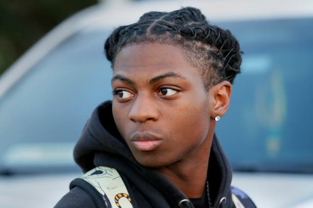 <p>File Darryl George, a 17-year-old junior, before walking across the street to go into Barbers Hill High School after serving a 5-day in-school suspension for not cutting his hair,</p>