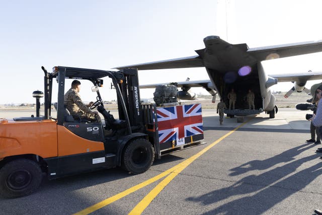 <p>The UK and Jordanian humanitarian aid for Gaza is loaded onto a Jordanian Air Force aircraft to be air-dropped into northern Gaza (Foreign, Commonwealth and Development Office/PA)</p>