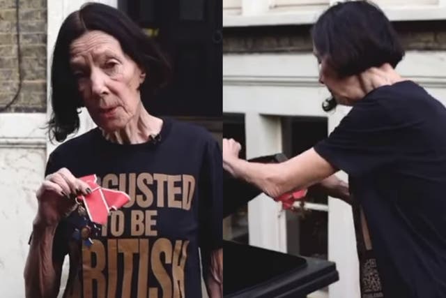 <p>British designer Katharine Hamnett throws CBE in the bin</p>