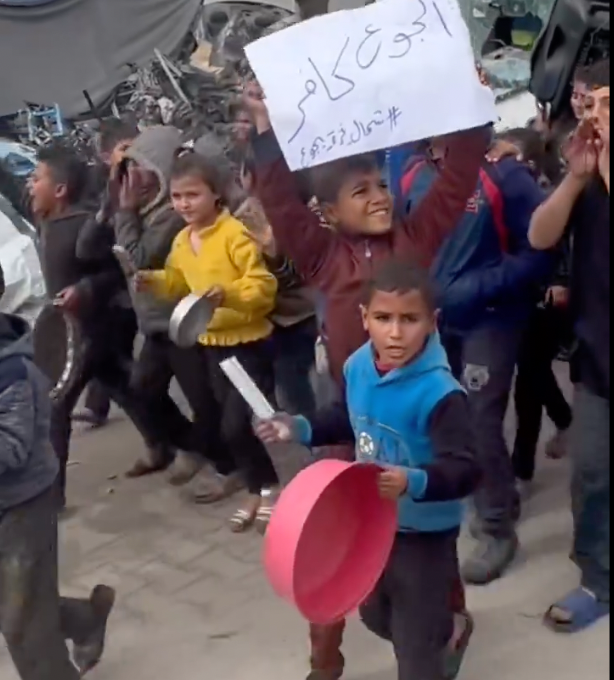 A group of young children marched in protest at Israel’s siege and asked for food amid shortages