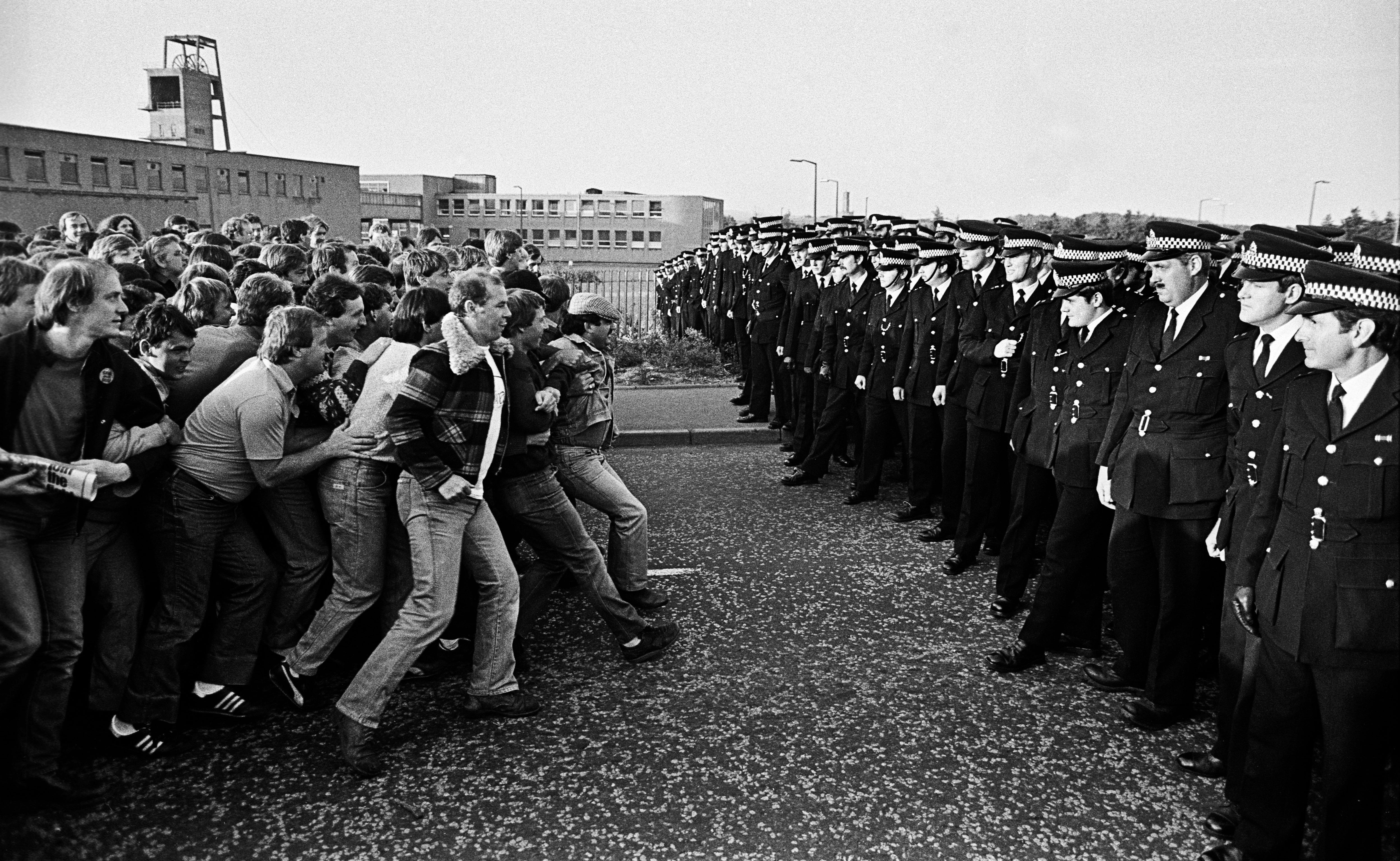 Pickets confront police at Bilston Glen in Midlothian, Scotland