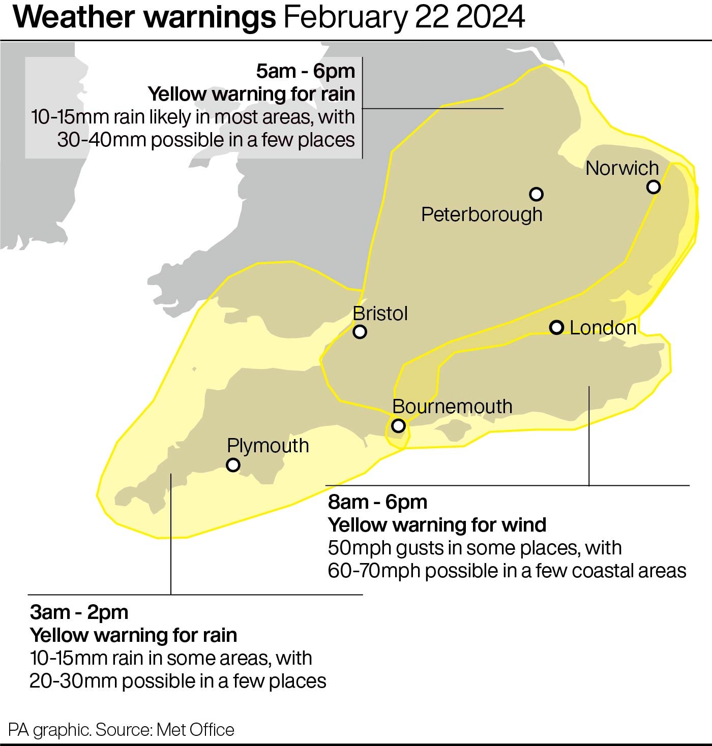 Weather warnings in place for February 22