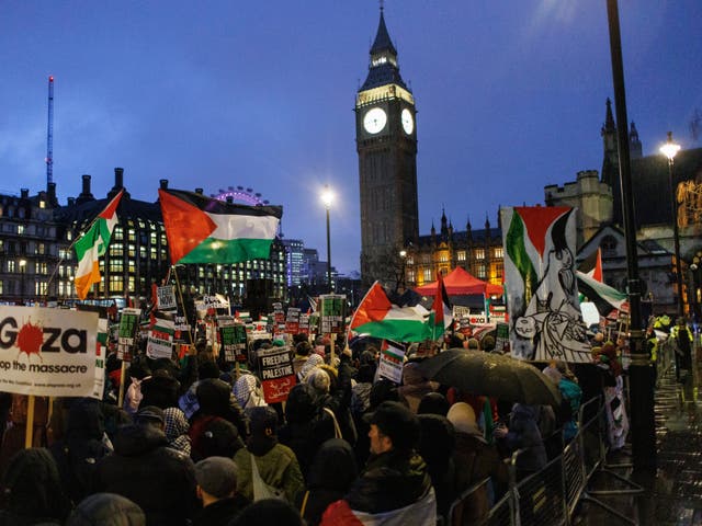 <p>Pro-Palestinian protesters gather at Parliament Square as MPs debate a motion on calling a ceasefire in Gaza, on 21 February 2024</p>