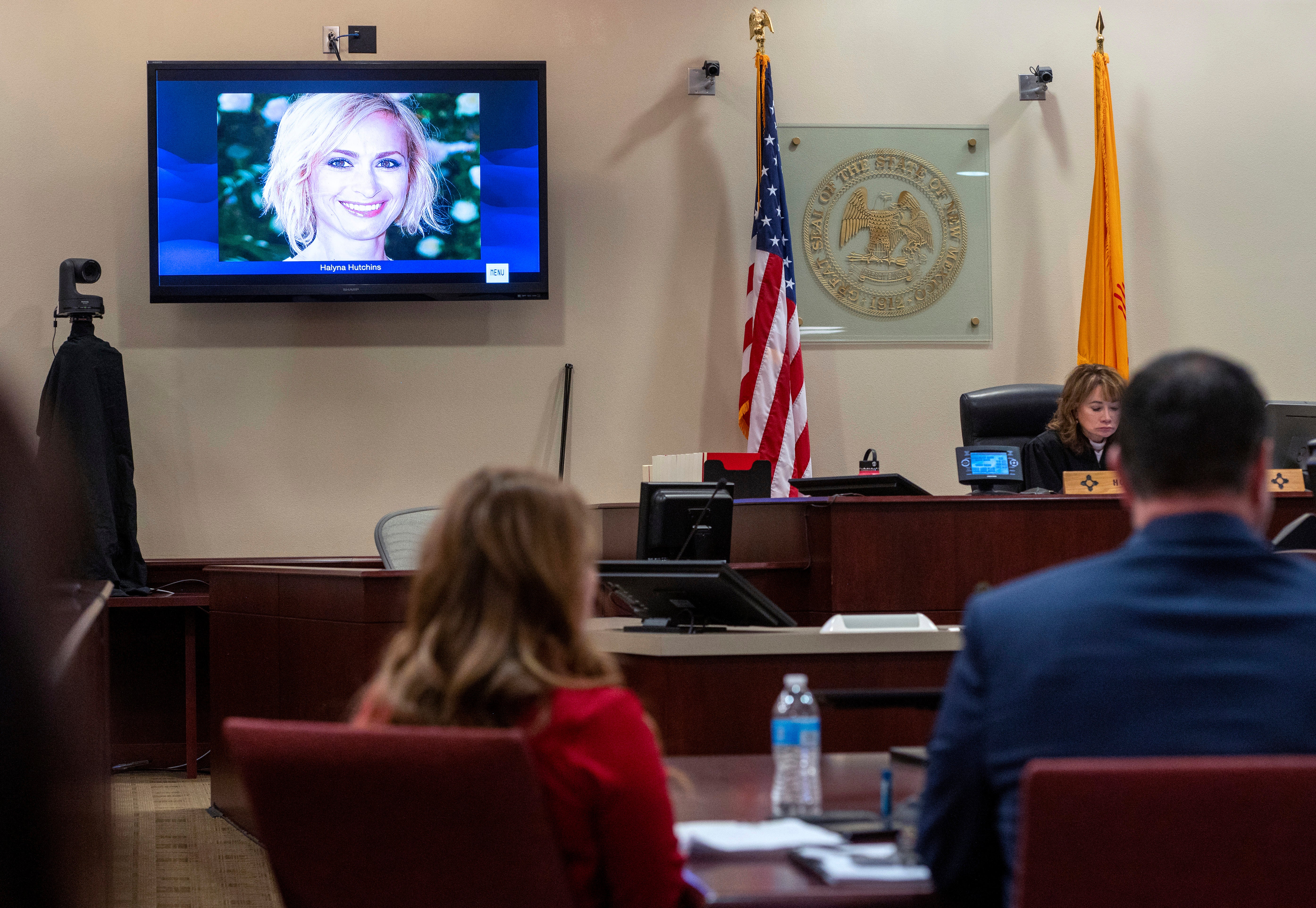 A photo of cinematographer Halyna Hutchins is displayed during the trial against Hannah Gutierrez-Reed, in First District Court, in Santa Fe, N.M., Thursday, February 22, 2024.