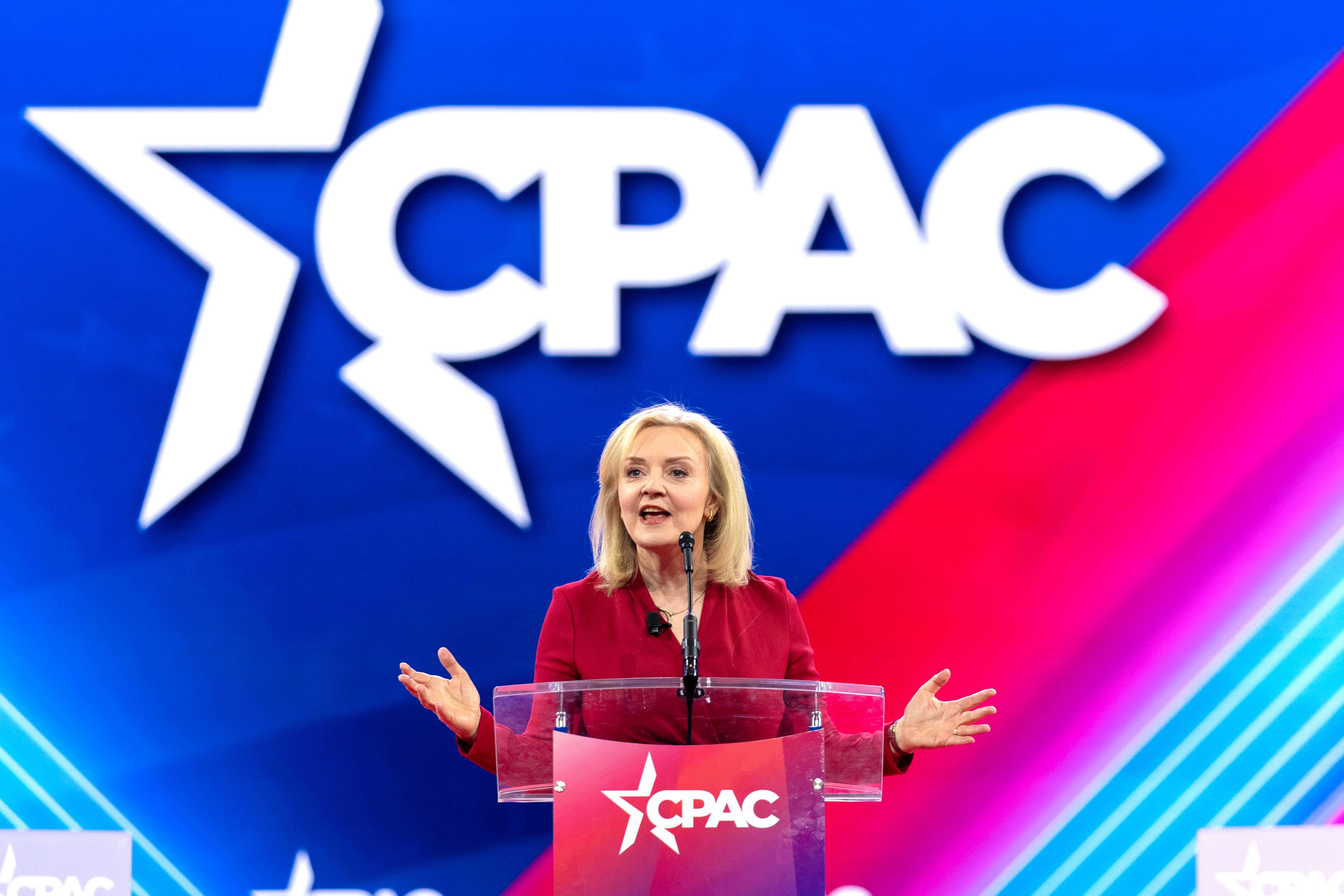 Former prime minister Liz Truss gives a speech at CPAC, Washington’s annual conservatives conference, where Trump will deliver the keynote this weekend