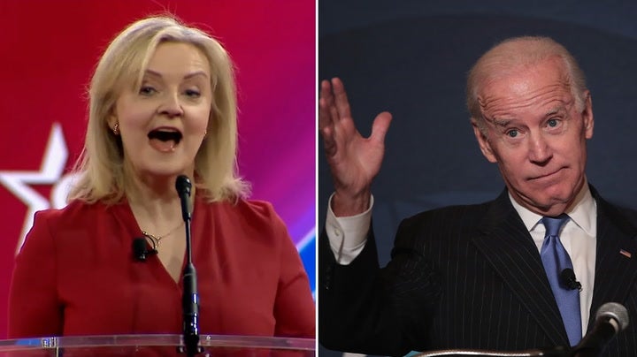 Liz Truss (left) accusing Joe Biden of having ‘intervened to have a go at my policies’ during her appearance at Cpac