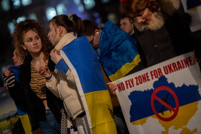 <p>Ukrainians and supporters gather for a rally against the Russian invasion of Ukraine at Trafalgar Square in London</p>