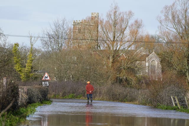 <p>A man looks at floodwater in Harbridge, Hampshire</p>