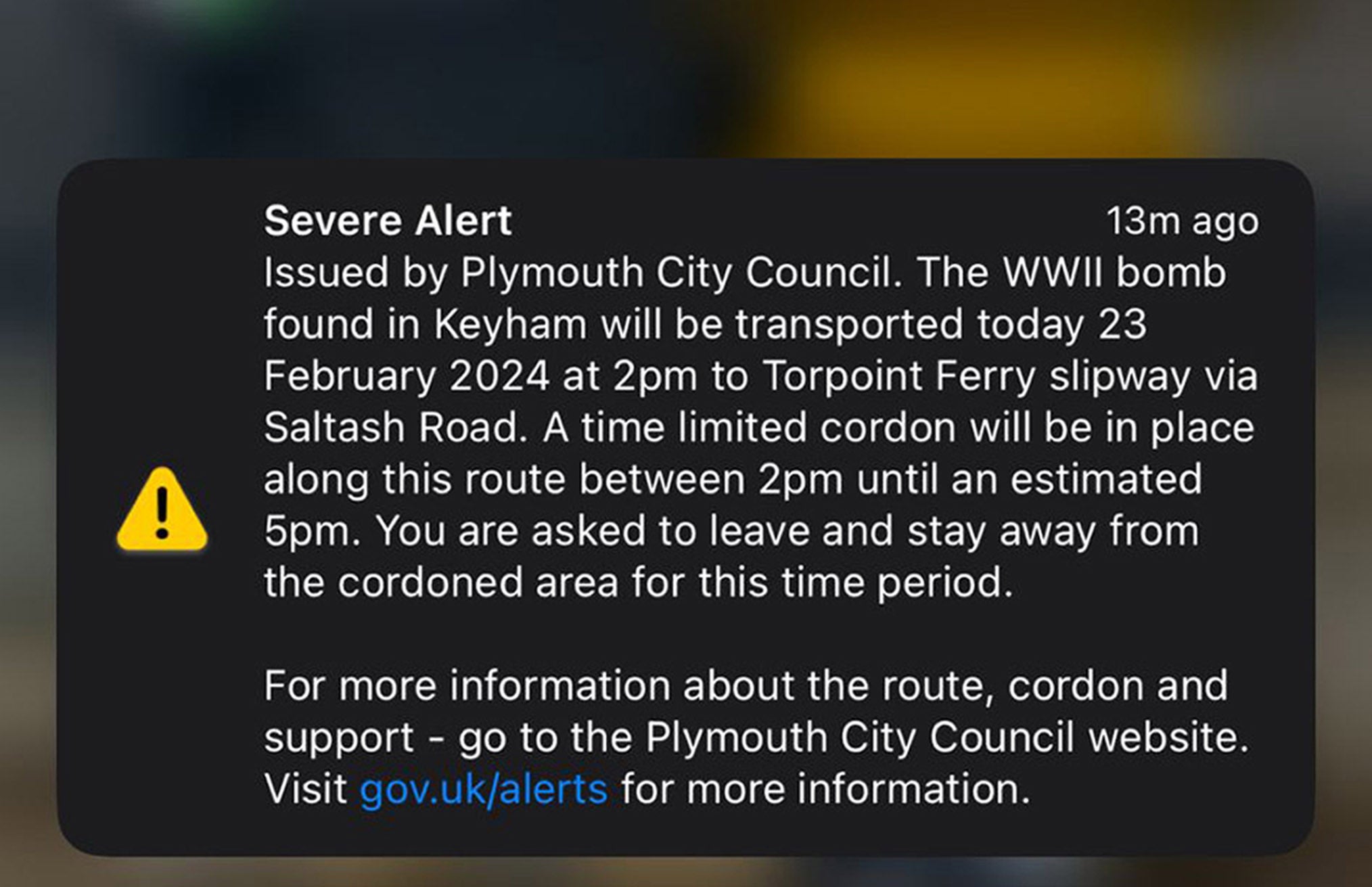 The Severe Alert text message sent to local resident