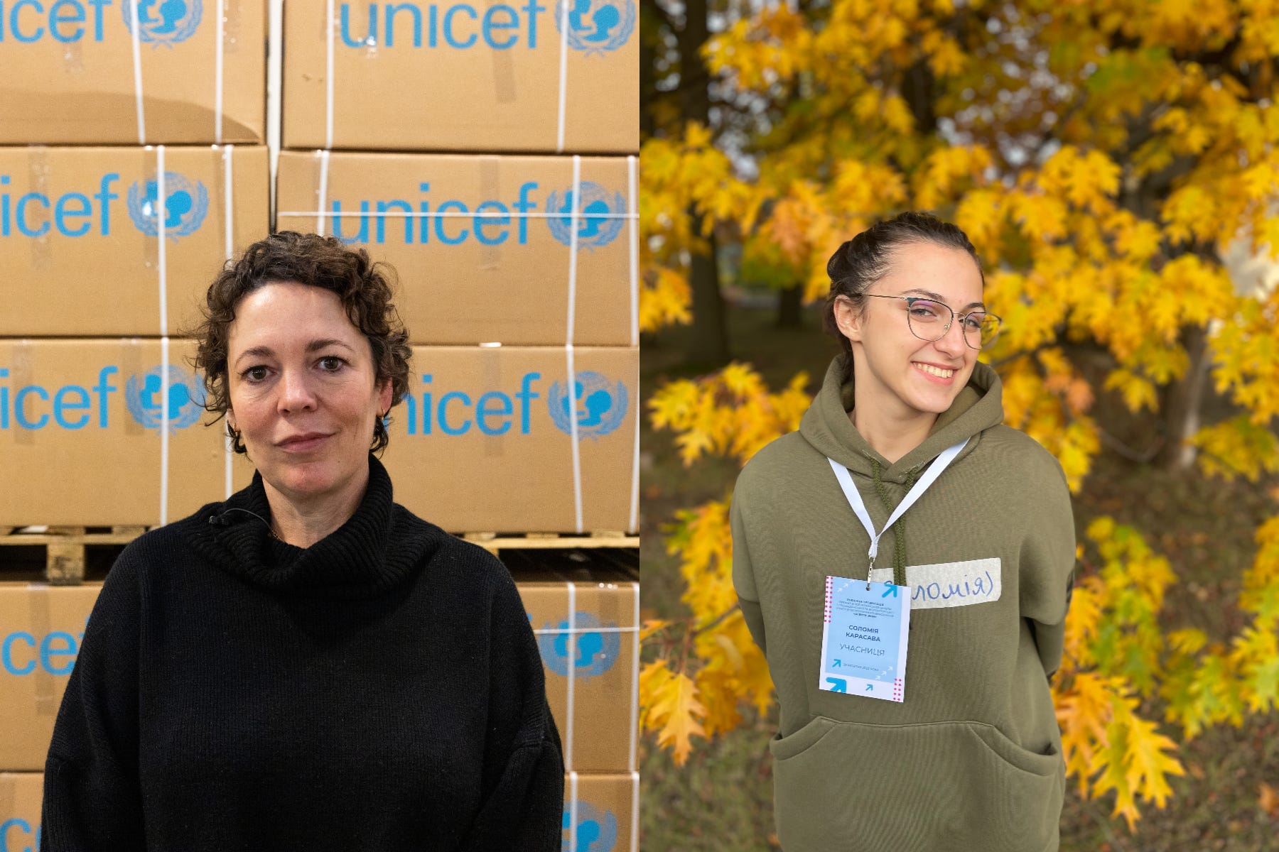 Actress Olivia Colman met with 15-year-old Solomiya from Kharkiv, Ukraine, to hear her inspiring story of resilience (Unicef/Asamoah/Solomiya/PA)