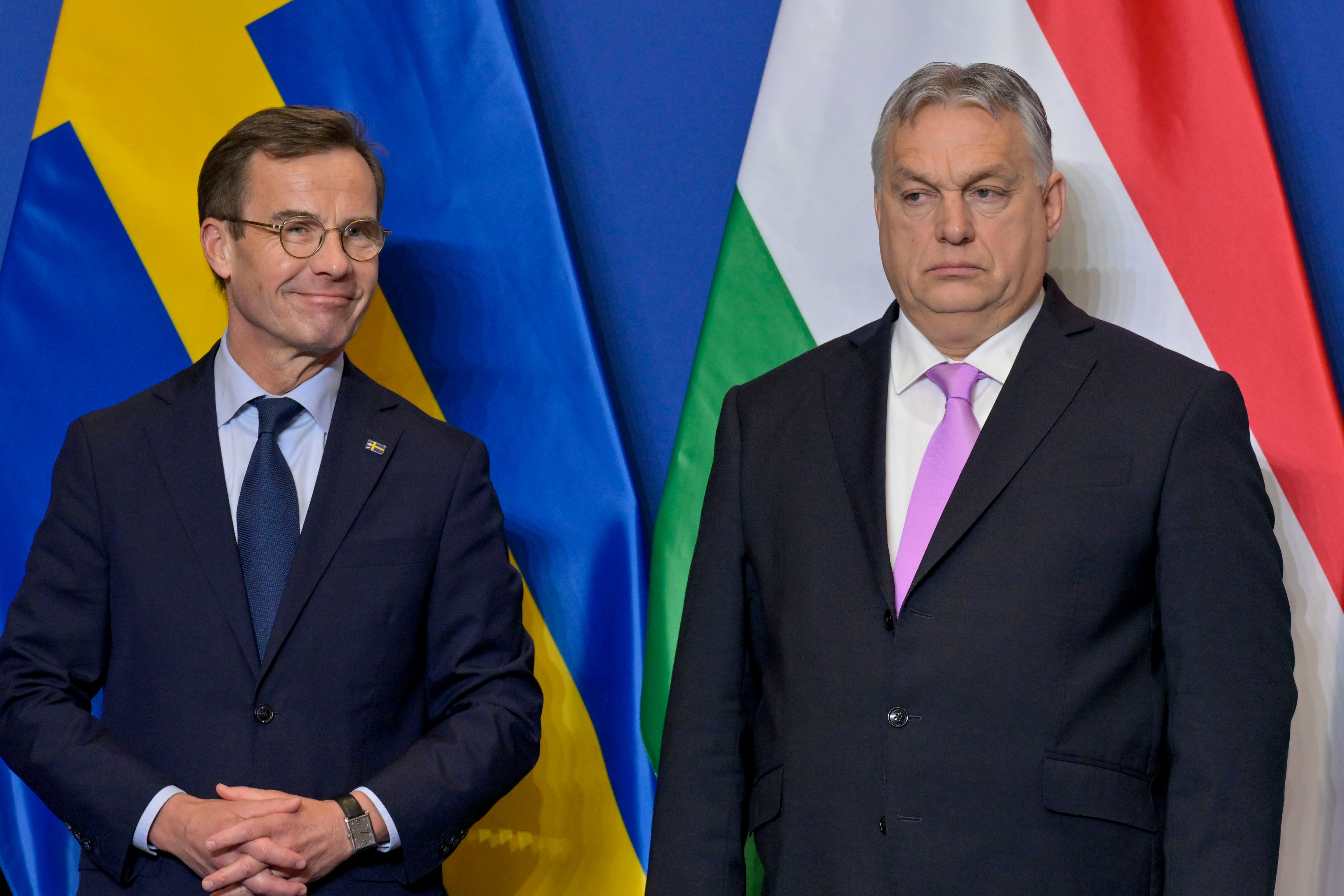 Swedish prime minister Ulf Kristersson, left, and Hungarian prime minister Viktor Orban