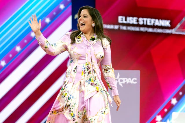 <p>Republican Conference Chair Rep Elise Stefanik waves to supporters as she speaks during CPAC 2024</p>