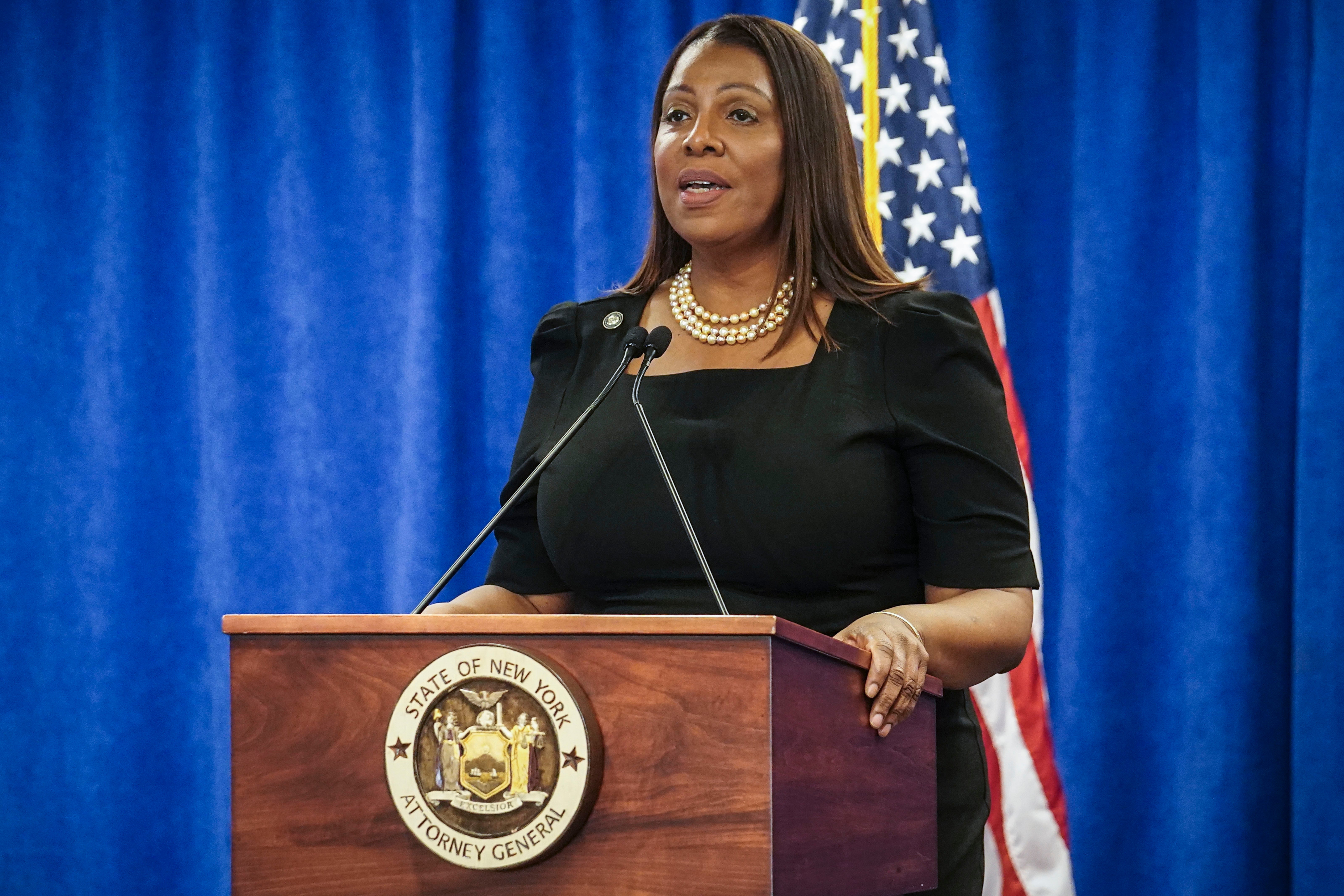 New York Attorney General Letitita James speaks to reporters on 16 February after winning a civil fraud case against Donald Trump.