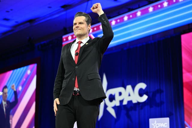 <p>US Representative Matt Gaetz, Republican of Florida, arrives to speak at the Conservative Political Action Conference (CPAC) in National Harbor, Maryland, on February 23, 2024</p>