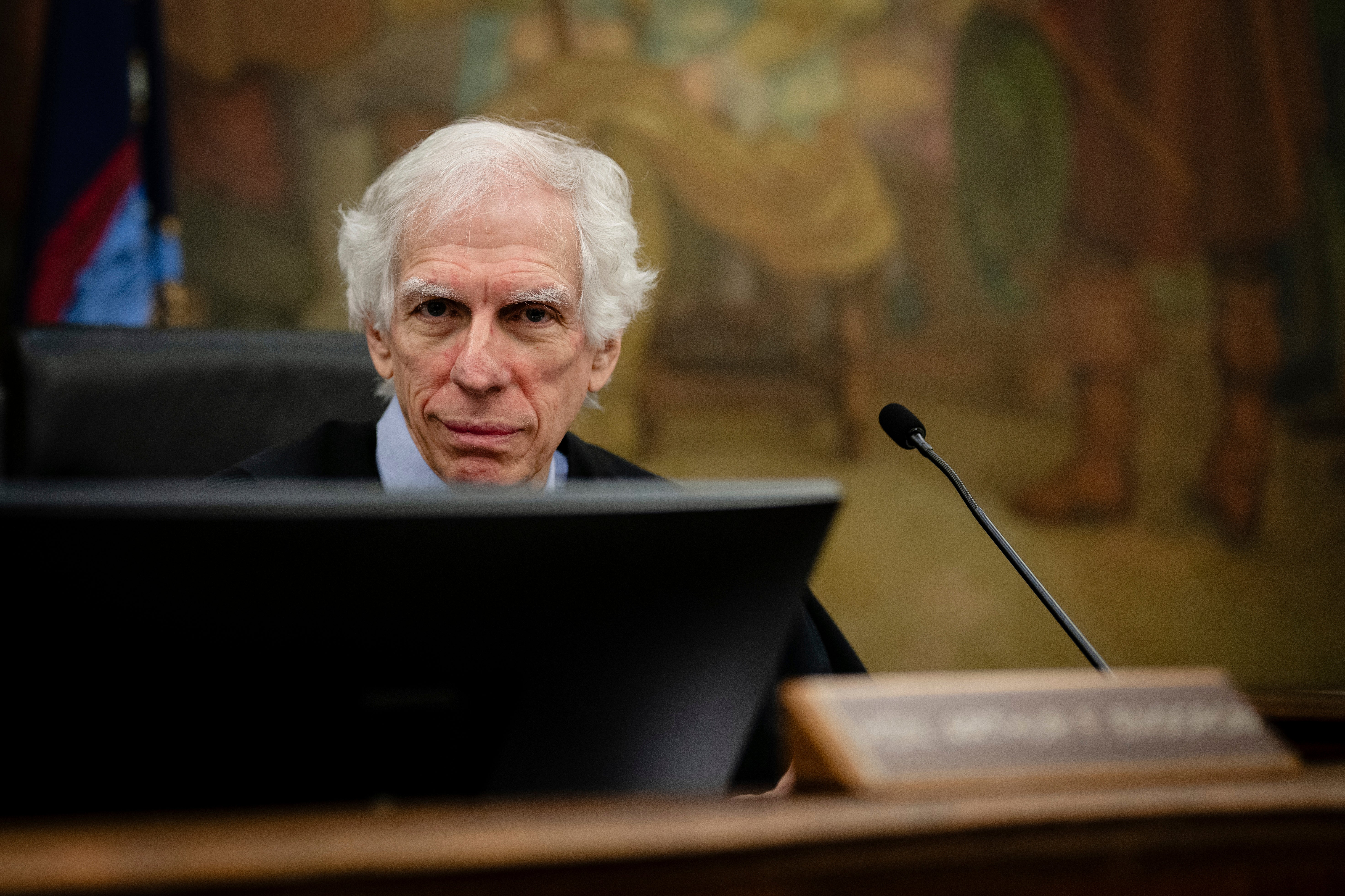 Justice Arthur Engoron presides over Donald Trump Jr's testimony in his family's civil fraud case at the New York State Supreme Court on 13 November