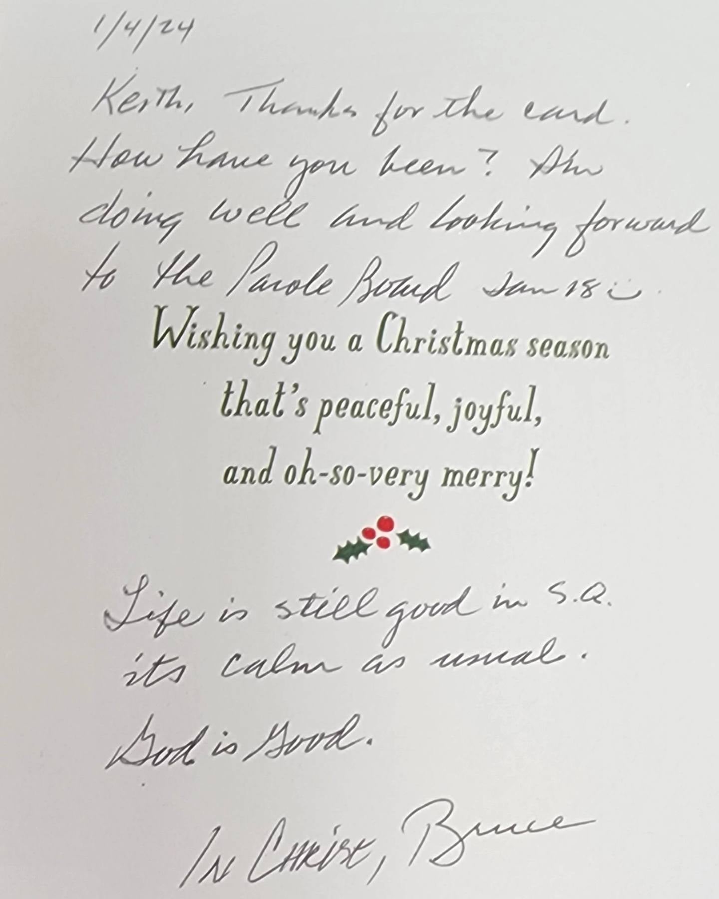 Parole commissioners voiced concerns after Bruce Davis wrote in a Christmas card to Mr Rovere that he was looking forward to his upcoming hearing
