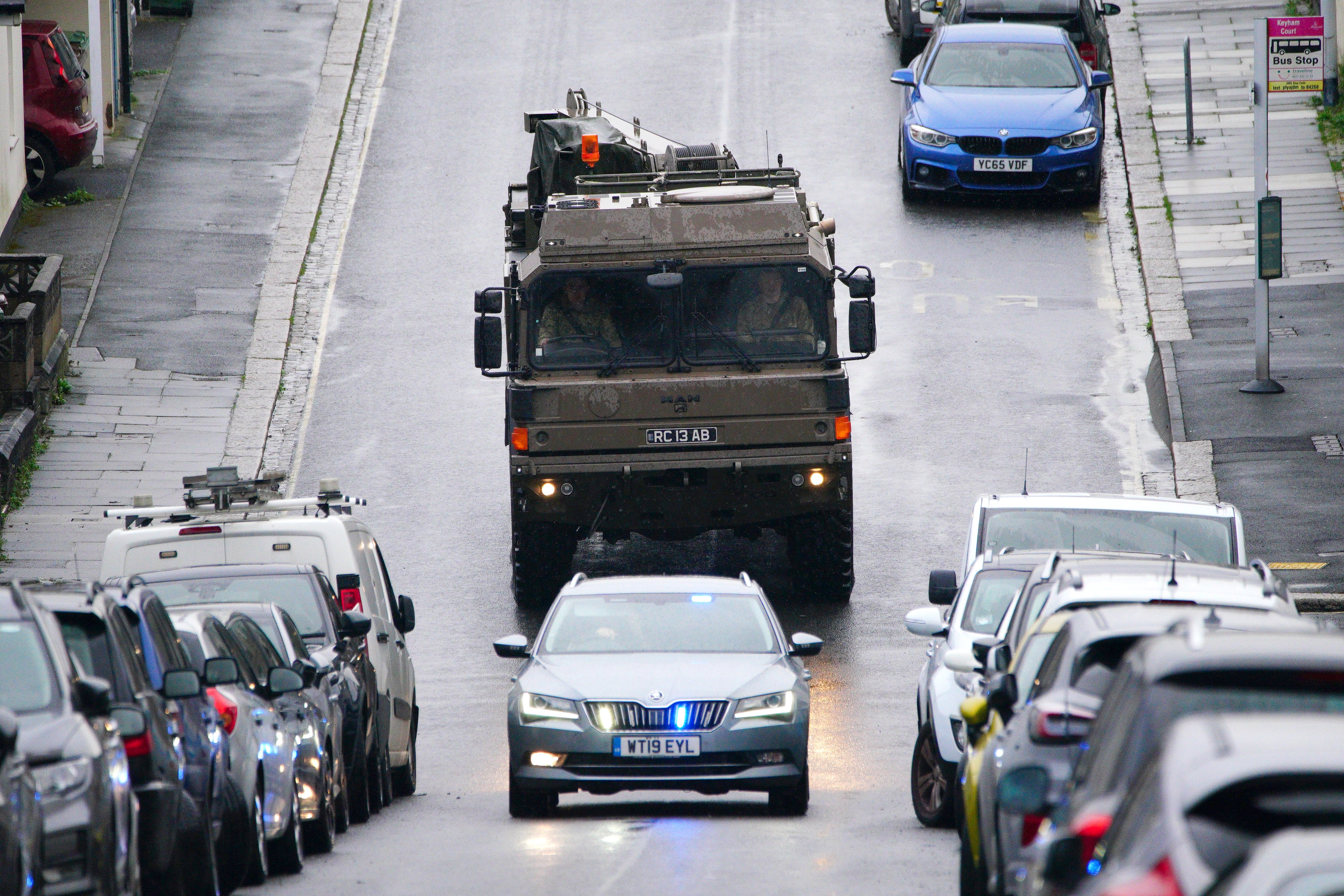 A military vehicle at the scene near St Michael Avenue, Plymouth, where residents have been evacuated and a cordon put in place following the discovery of a suspected Second World War explosive device