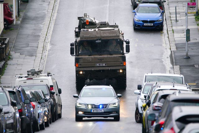 <p>A military vehicle at the scene near St Michael Avenue, Plymouth, where residents have been evacuated and a cordon put in place following the discovery of a suspected Second World War explosive device </p>