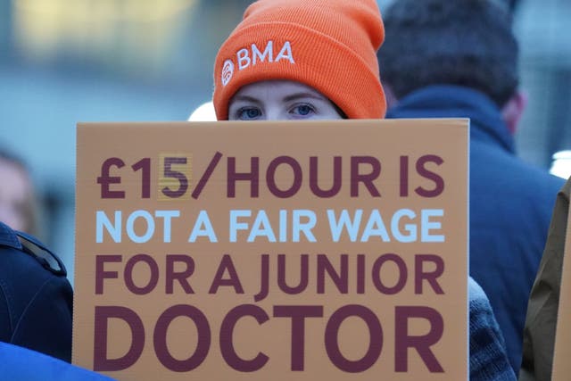 Junior doctors and members of the British Medical Association (BMA) outside St Thomas’ Hospital, London (PA)