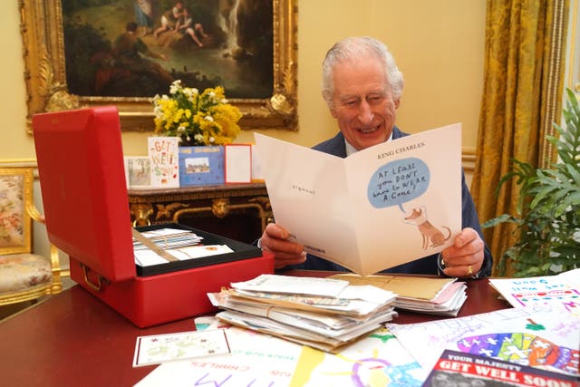 <p>King Charles III reads cards and messages, sent by well-wishers</p>