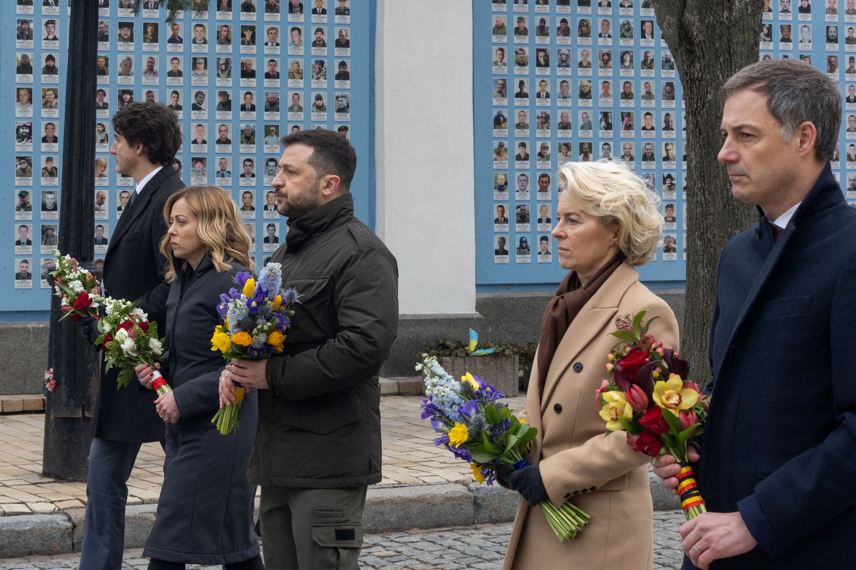 Volodymyr Zelensky, centre, is joined in Kyiv by, left to right, Justin Trudeau, Georgia Meloni, Ursula von der Leyen and Alexander De Croo