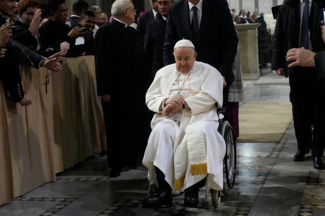 <p>Pope Francis leaves after presiding over the liturgy of the ashes in the Basilica of Santa Sabina in Rome on Ash Wednesday</p>