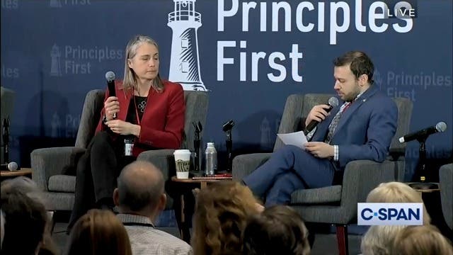 <p>In this screen grab from C-SPAN, Former Trump adviser Fiona Hill speaks to the Renew Democracy Initiative’s Uriel Epshtein at the Principles First Summit in Washington on 24 February 2024</p>