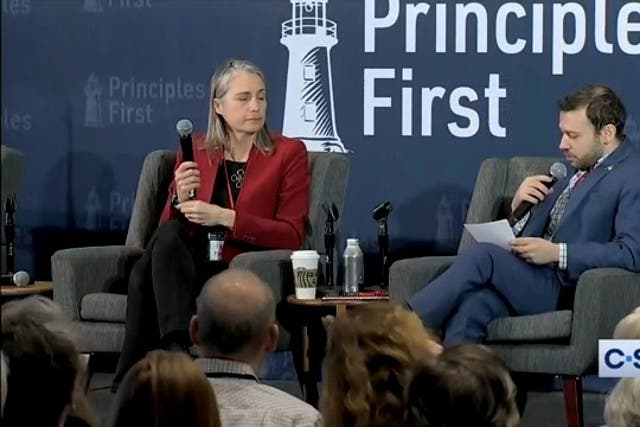 <p>In this screen grab from C-SPAN, Former Trump adviser Fiona Hill speaks to the Renew Democracy Initiative’s Uriel Epshtein at the Principles First Summit in Washington on 24 February 2024</p>