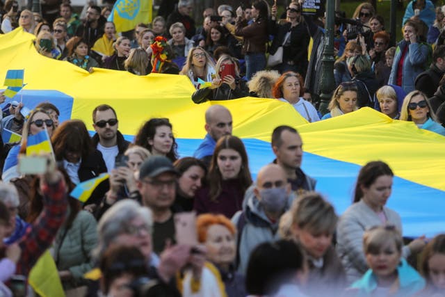 Ukrainians living in Greece and their supporters attend a rally marking the second anniversary of the Russian invasion of Ukraine, at Syntagma Square in Athens, Greece, 24 February 2024