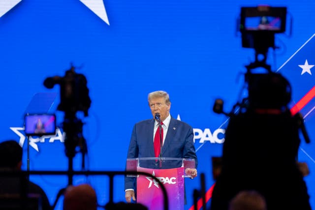<p>Former US President Donald J. Trump delivers remarks during the Conservative Political Action Conference (CPAC) 2024 at National Harbor, Maryland, USA, 24 February 2024</p>