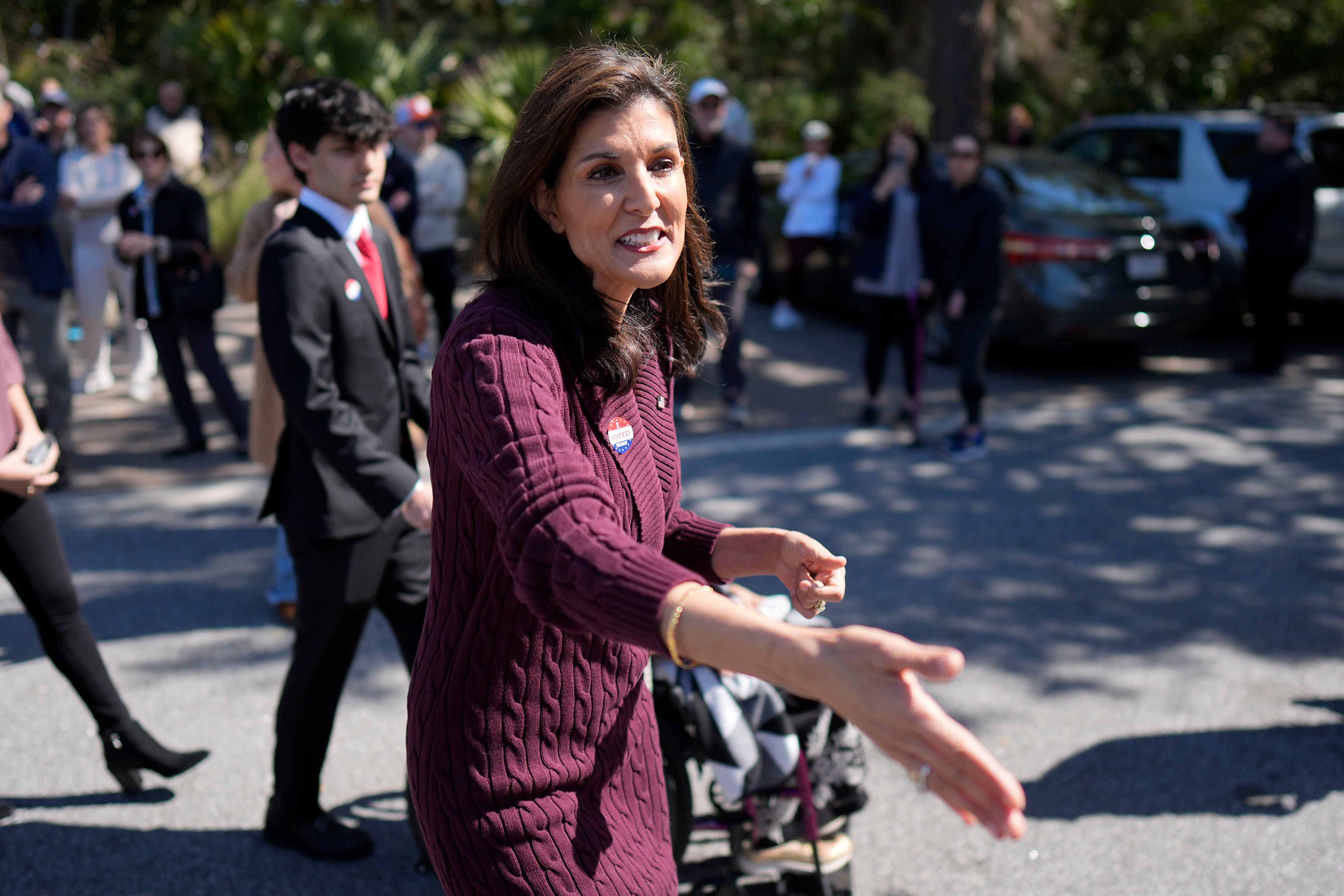 Haley greets a supporter after voting in Kiawah Island, South Carolina