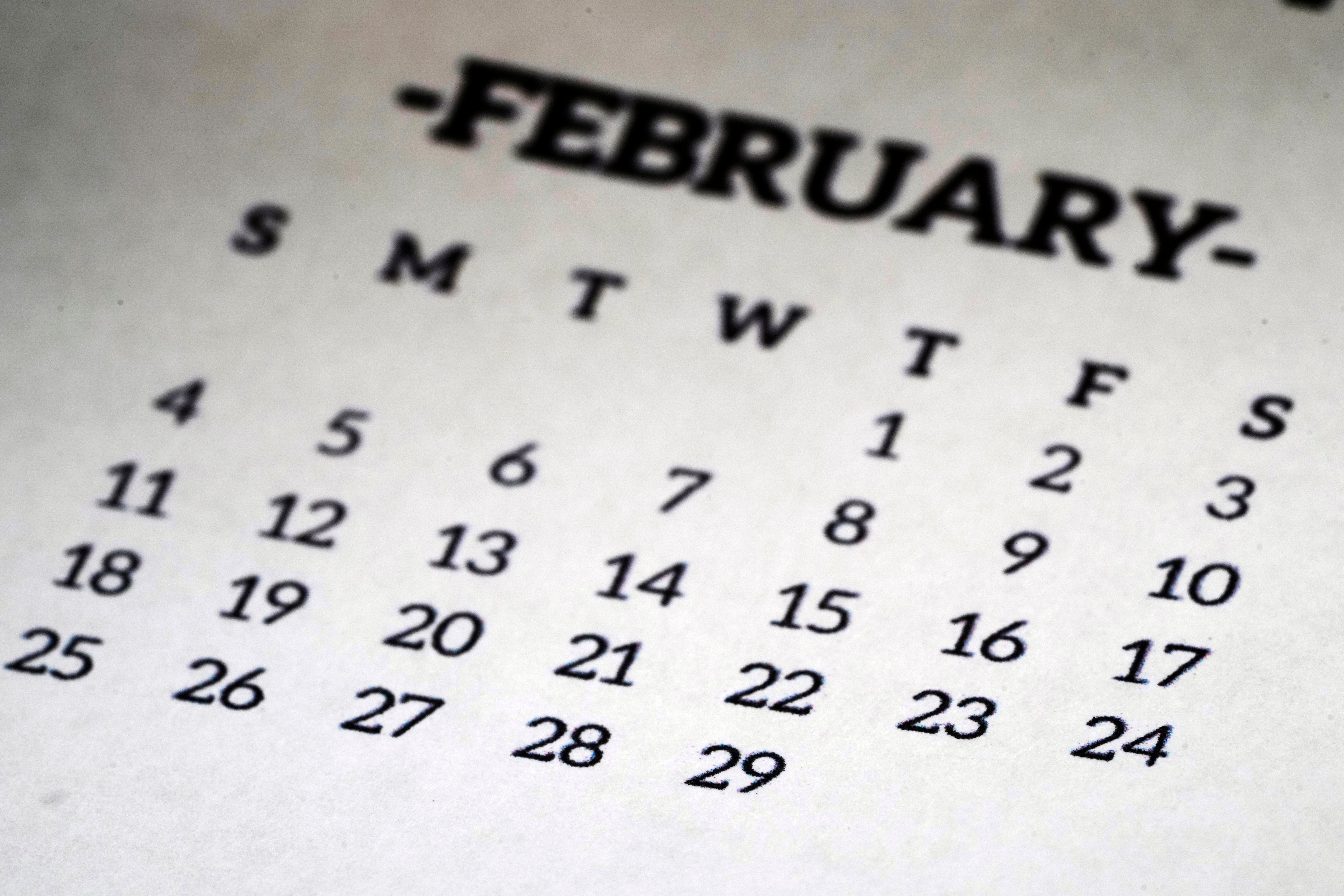 A calendar shows the month of February, including leap day, Febuary 29