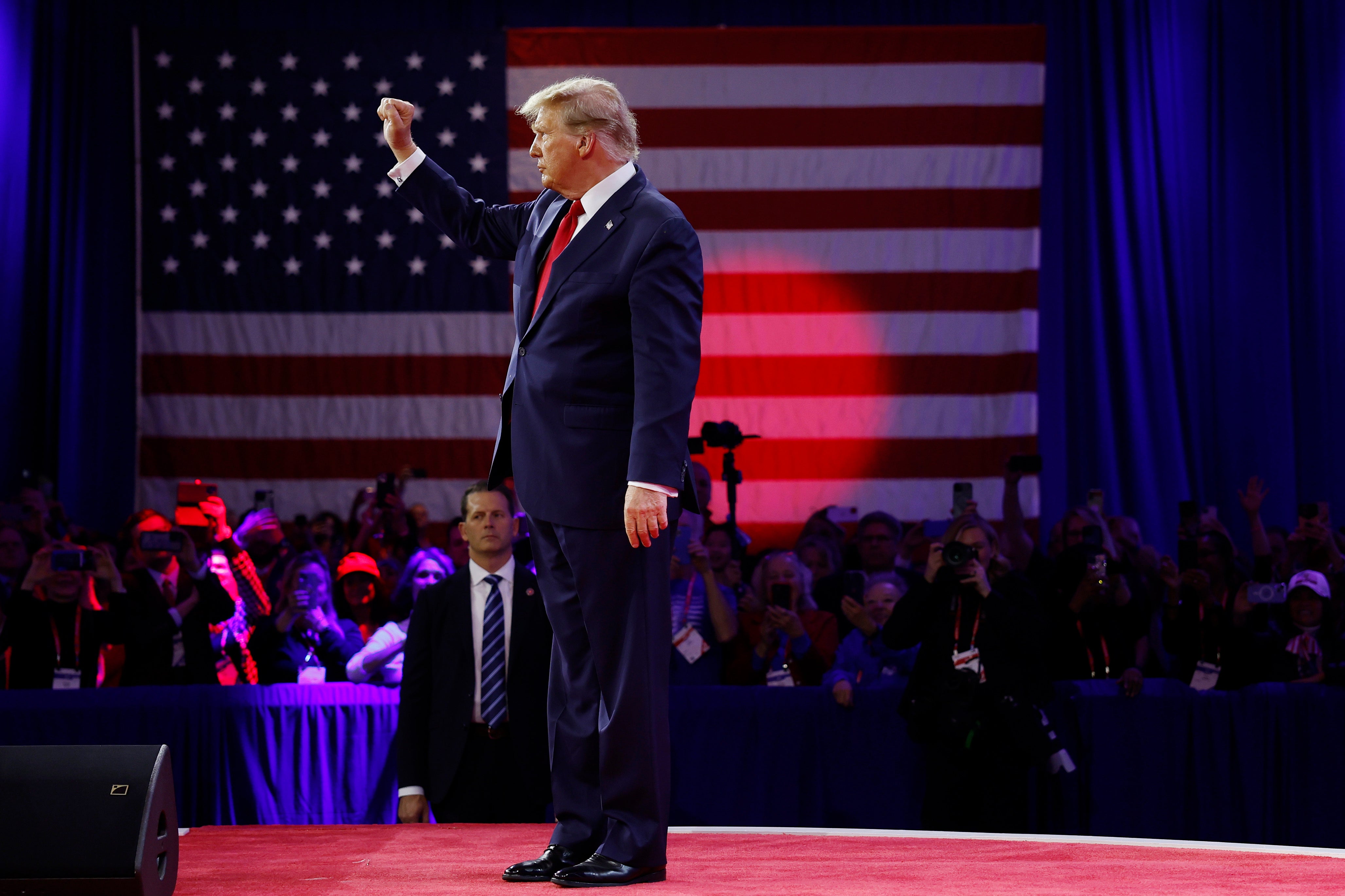 <p>Republican presidential candidate and former US president Donald Trump walks offstage after his remarks at the Conservative Political Action Conference (CPAC) at the Gaylord National Resort Hotel And Convention Center on 24 February 2024 in National Harbor, Maryland</p>